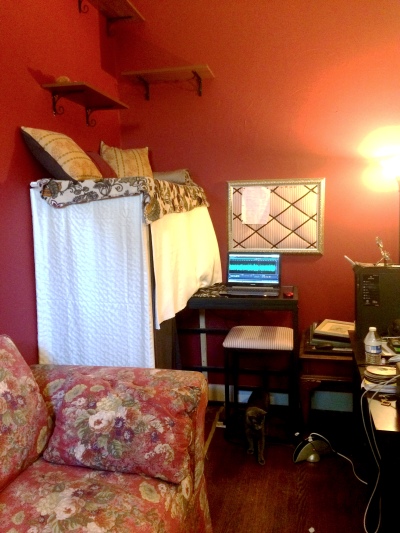 My recording booth in the corner of my office. Since my cats feel they are part of my process, I built them shelves and comfy sleeping space on top, which helps keep them out of the booth.
